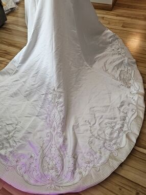 Elegant Off White  Embroidered Wedding Dress with Floral Scroll Border